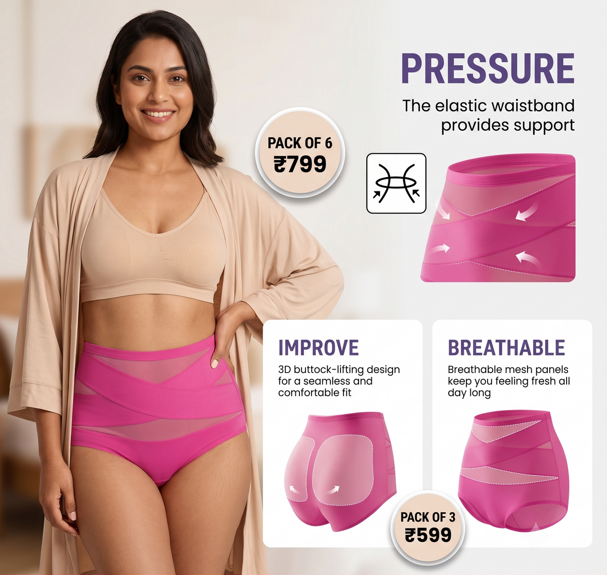 High-Waist Cross Tummy Control Panties | Pack of 6