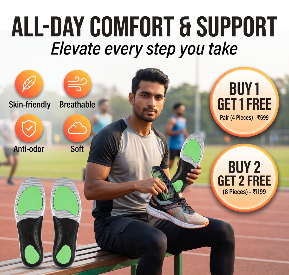 Shock-absorbing Insoles with Arch Support | Breathable | Pain-relieving